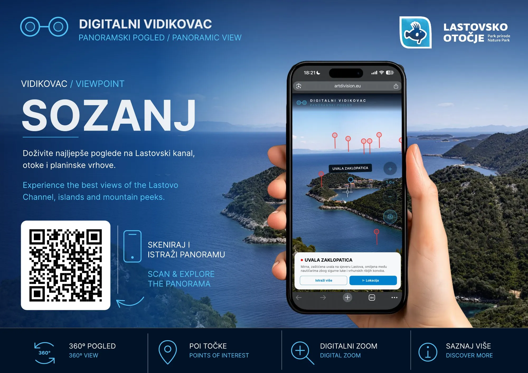 Board for the Sozanj digital viewpoint in Lastovo Islands Nature Park: a QR code, a phone showing the panorama with marked points, and instructions in Croatian and English