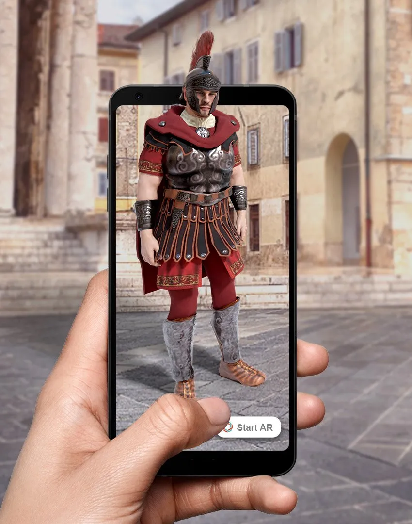 A Roman soldier in augmented reality on a phone, on a stone square